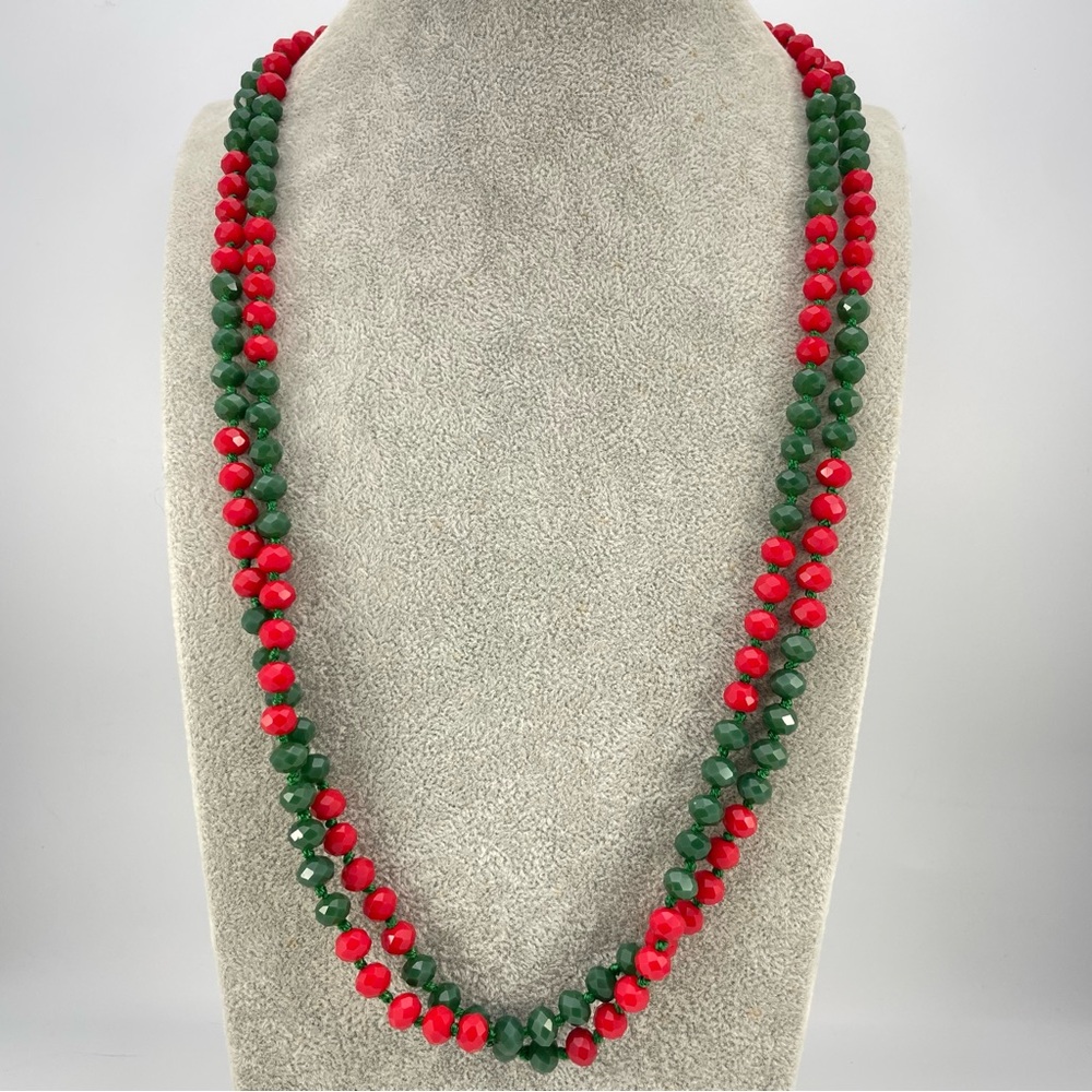 Faceted Red & Green Beaded Necklace Double Strand 30” Holiday Style